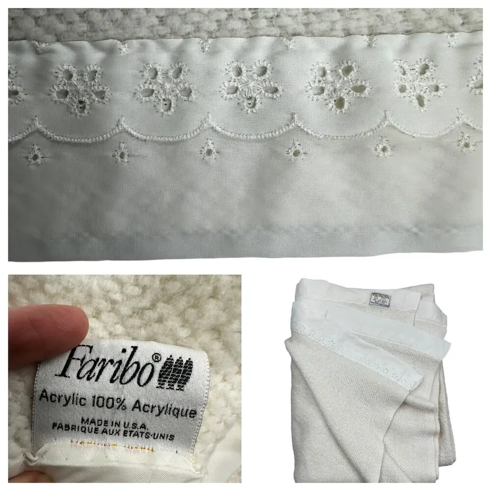 Vintage FARIBO Wool Acrylic Blanket Ivory Satin Trim Woven Texture 68x82 Cottage - Picture 1 of 13
